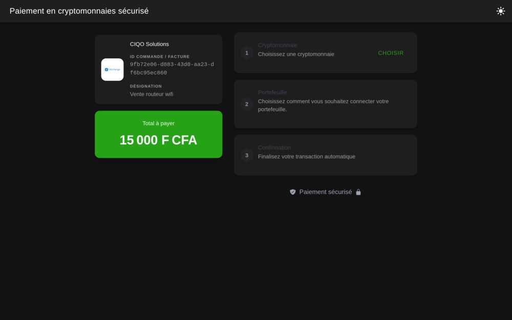 Aperçu de la page de paiement CiExchange Pay